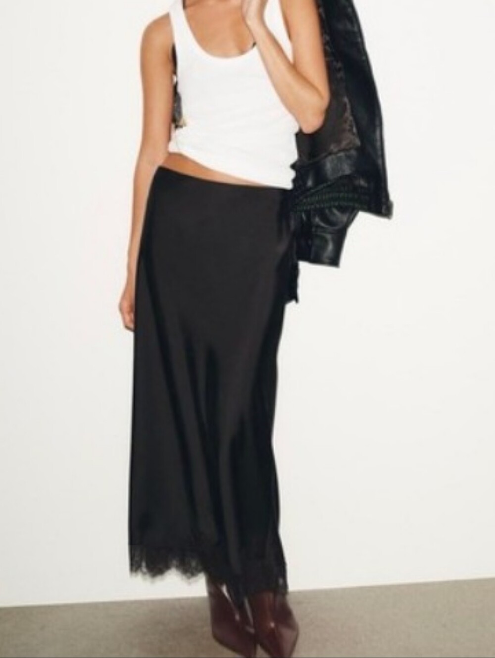 Zara Black Satin Maxi Slip Skirt with Lace Trim